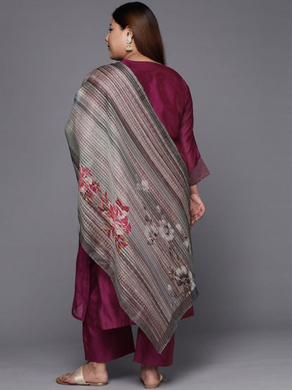 Indyancart VA Women's Magenta Yoke Design Sequinned Chanderi Silk Kurta with Trousers & Dupatta