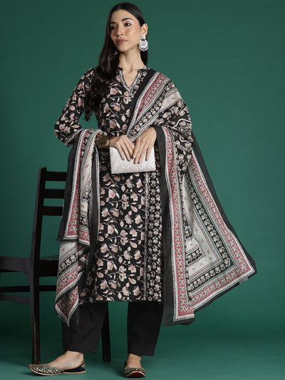 Indyancart IE Women Floral Printed Angrakha Pure Cotton Kurta with Trousers & With Dupatta