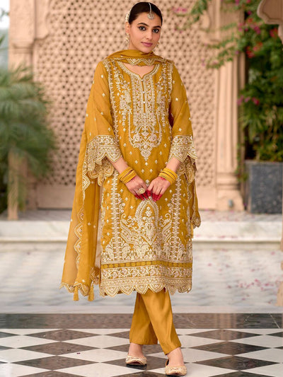Indyancart IE Floral Embroidered Zari Organza Kurta With Trousers And Dupatta