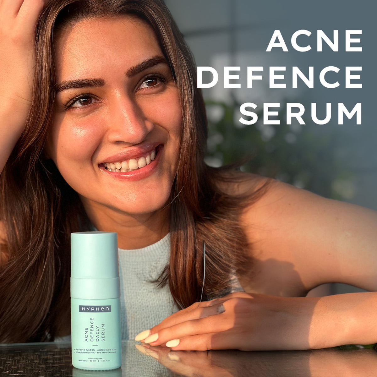 Hyphen Anti Acne serum with 10% azelaic acid, 2% salicylic acid, and tea tree extract for clearer skin and fading acne marks.