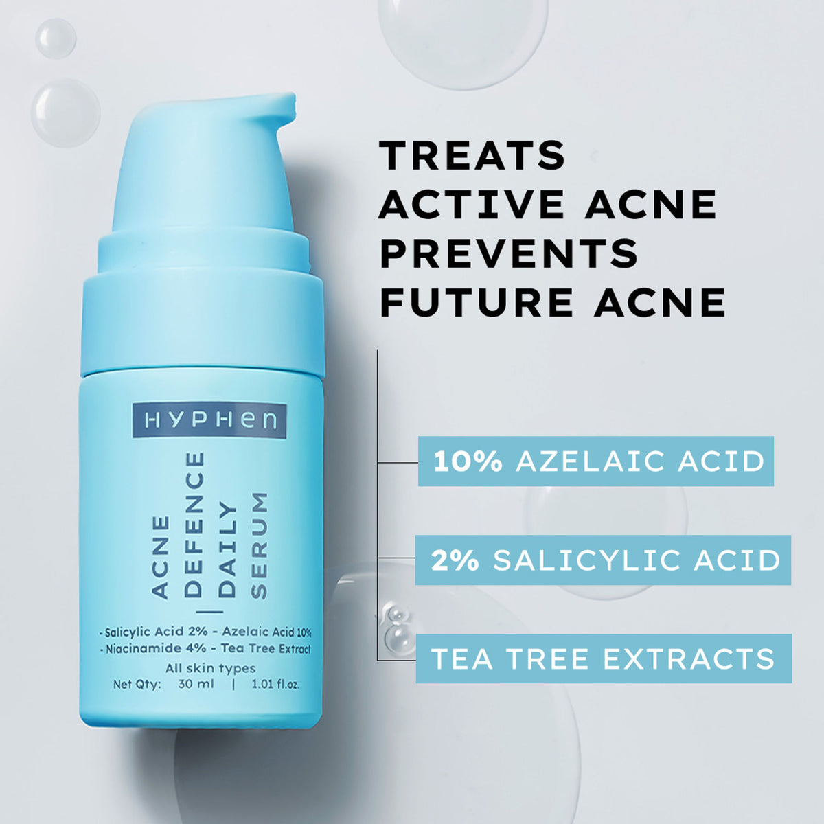 Hyphen Anti Acne serum with 10% Azelaic Acid, 2% Salicylic Acid, and Tea Tree Extract for fading acne marks and clearer skin.