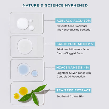 Hyphen Anti-Acne serum with 10% azelaic acid, 2% salicylic acid, tea tree extract, reducing acne marks on the face.