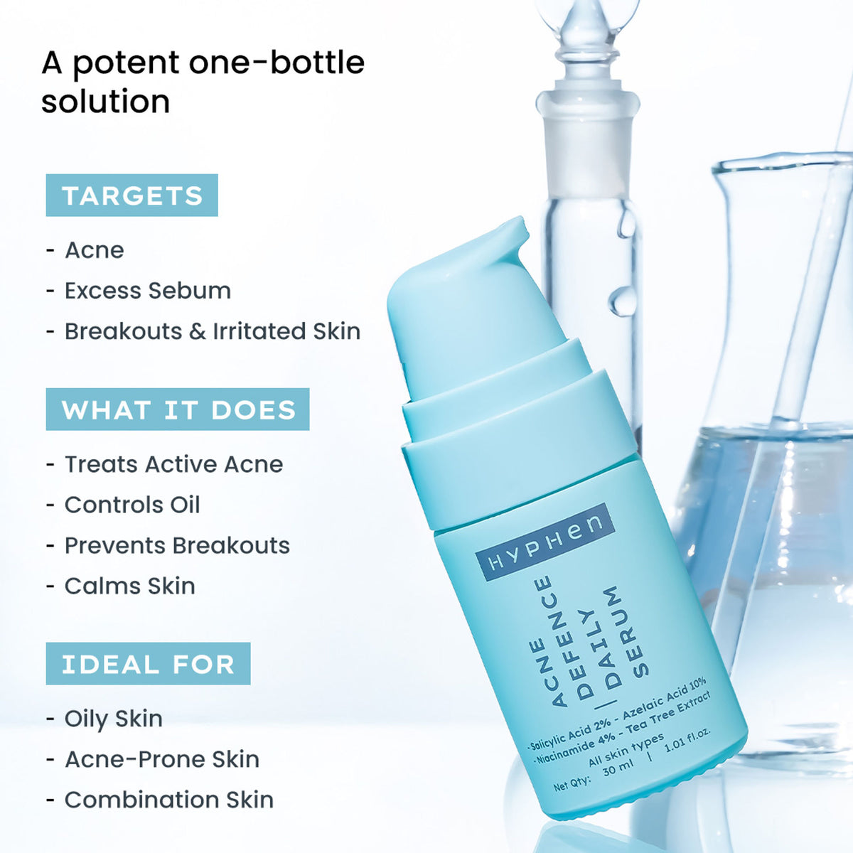 Hyphen Anti Acne serum with azelaic and salicylic acids, tea tree extract, designed to reduce acne marks and clear skin.