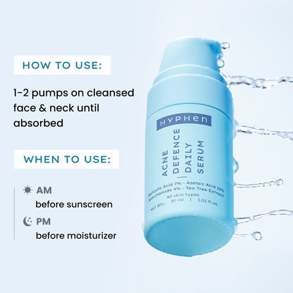 Hyphen Anti Acne serum with azelaic acid, salicylic acid, and tea tree extract for fading acne marks and clear skin.