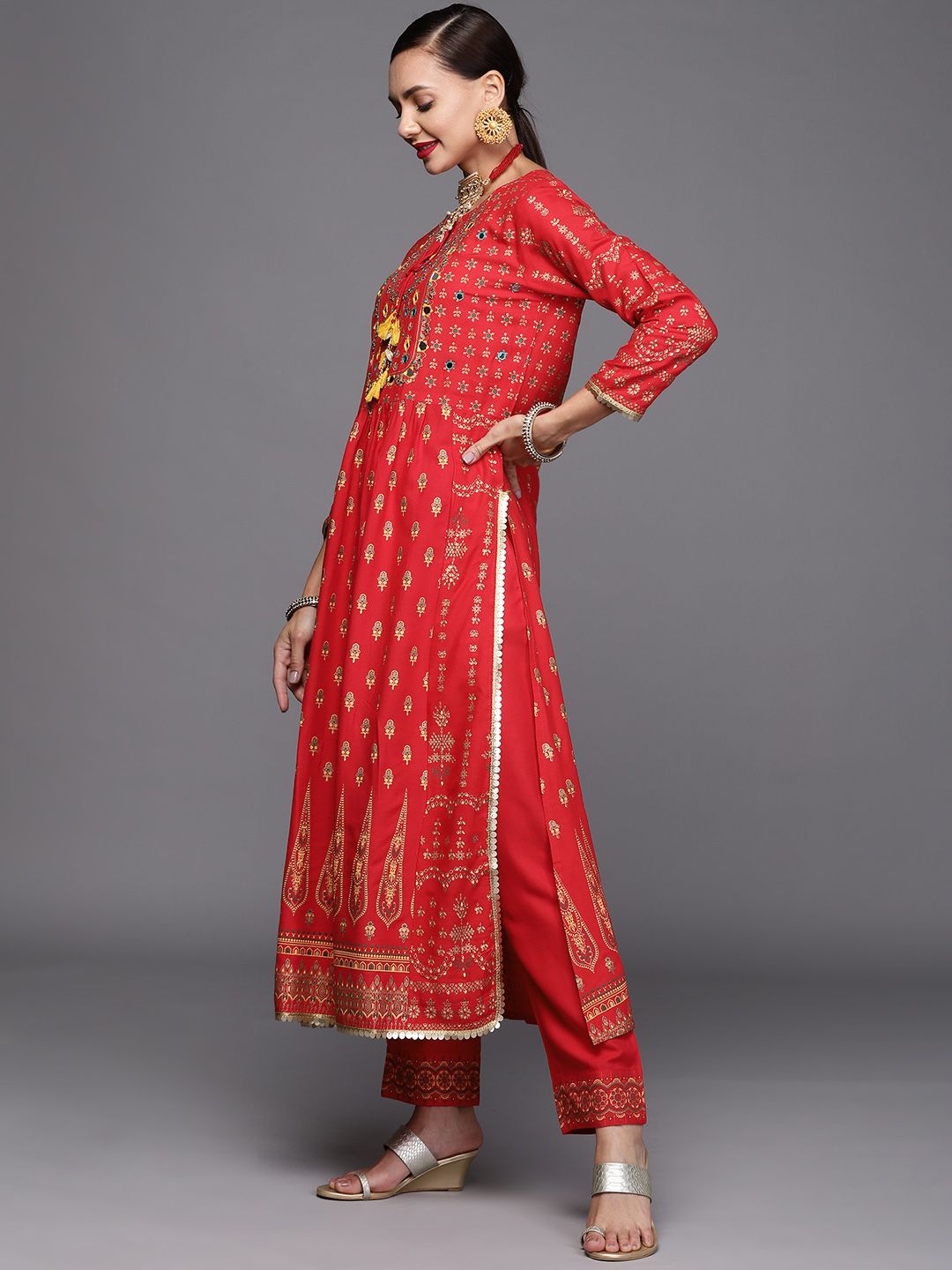 Indyancart IE Women Red & Yellow Ethnic Motifs Printed Sequinned Kurta with Trousers & Dupatta