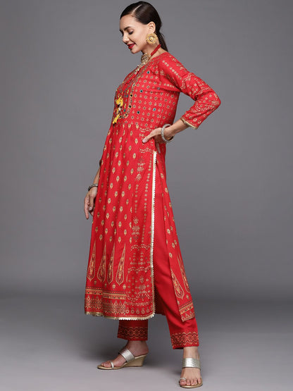 Indyancart IE Women Red & Yellow Ethnic Motifs Printed Sequinned Kurta with Trousers & Dupatta