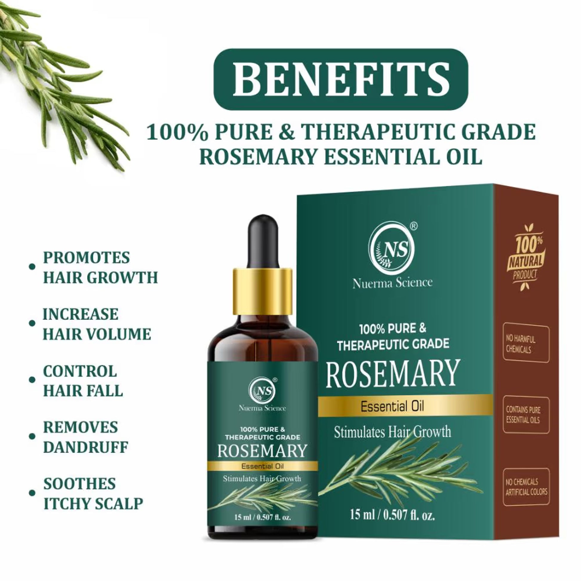 Nuerma Science Rosemary Essential Oil (100% Pure) for Hair Growth & Collagen Boosting