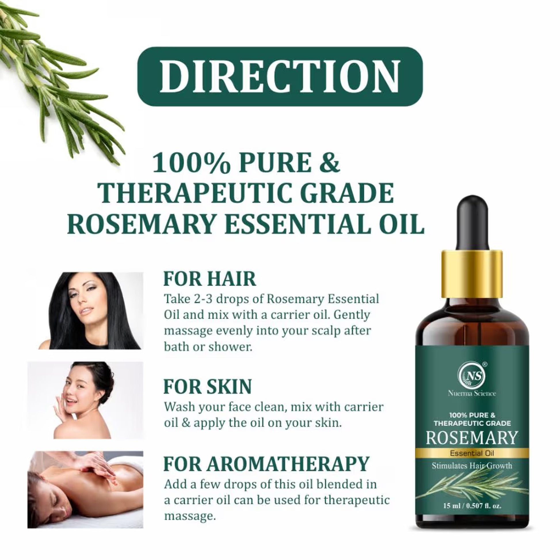 Nuerma Science Rosemary Essential Oil (100% Pure) for Hair Growth & Collagen Boosting