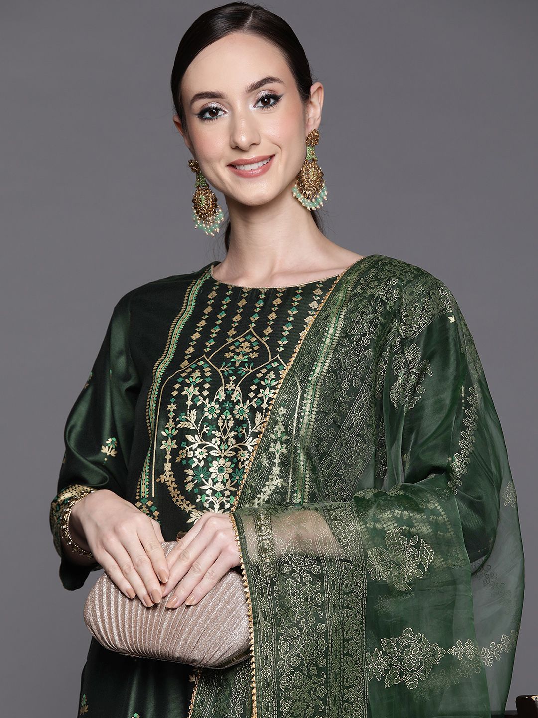 Women Green Ethnic Motifs Printed Liva Kurta with Palazzos & With Dupatta