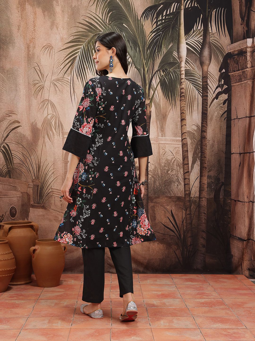 Indyancart SN Women's Floral Print Pleated Schiffli Detail Cotton Kurta with Trousers