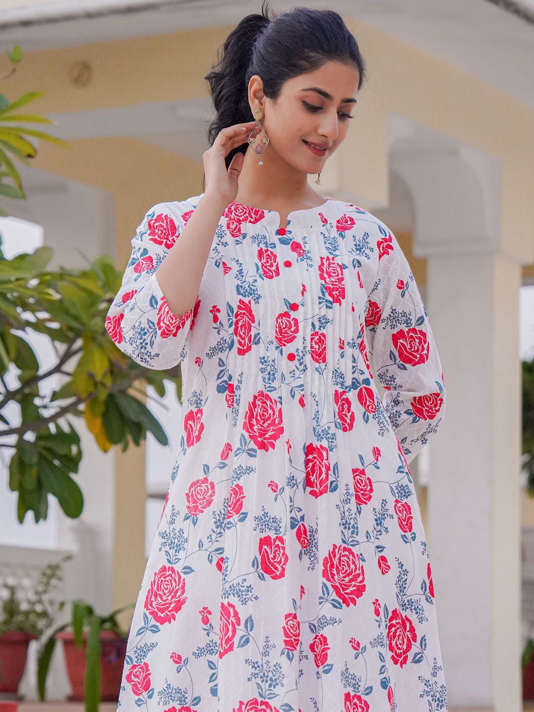 Floral Printed A-Line Pure Cotton Kurta With Trousers