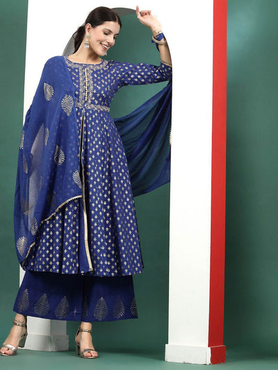 Indyancart SN Women's Blue Floral Embroidered Pure Cotton A-Line Kurta & Trousers With Dupatta