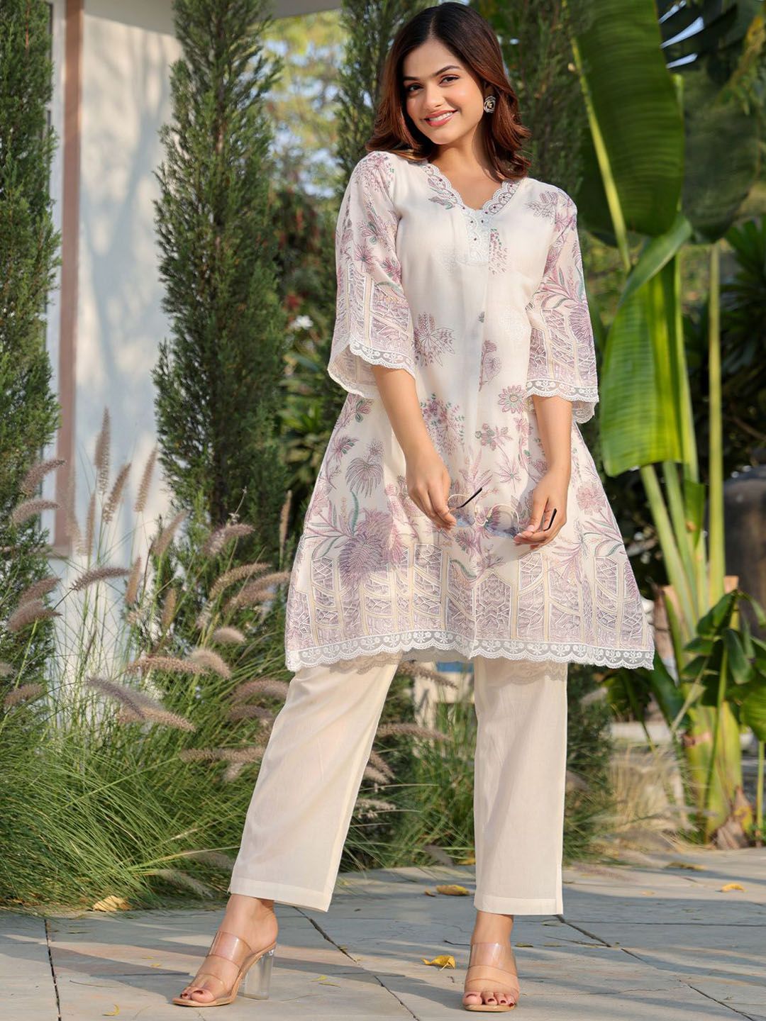 Indyancart IE Floral Printed Pure Cotton Tunic With Trousers Co-Ords