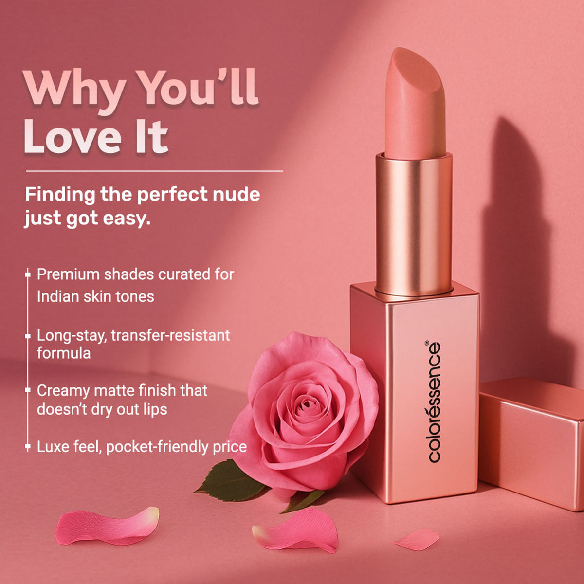 Coloressence Roseate Nudes Matte Lipstick in Raw Honey, showcasing a moisturizing, waterproof lipstick with a matte finish.