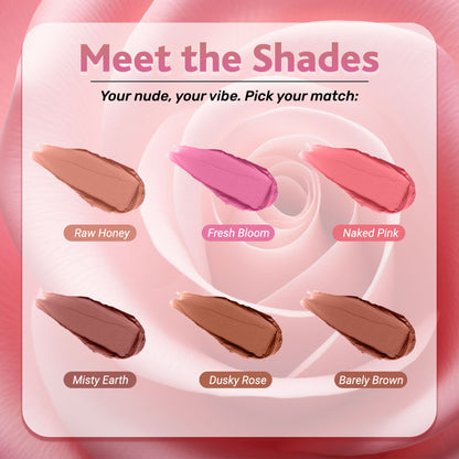 Coloressence Roseate Nudes Matte Lipstick in Raw Honey, showcasing the moisturizing, waterproof lipstick with a nude shade.