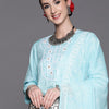 Dhiyona IE Women Turquoise Blue Floral Embroidered Mirror Work Chanderi Silk Kurta with Trousers & With