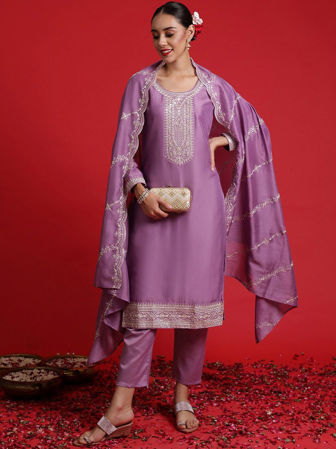 Floral Embroidered Sequinned Kurta With Trousers & Dupatta