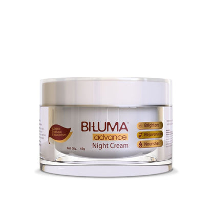 Biluma Night Cream with Vitamin C showing the light weight jar and applicator, designed for anti-aging, fading fine lines and wrinkles.