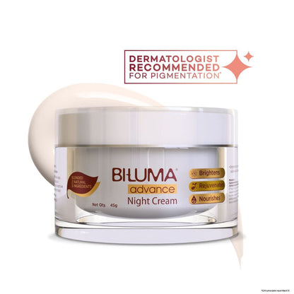 Biluma Night Cream with vitamin C showing the lightweight jar and product packaging for anti-aging and wrinkle reduction.