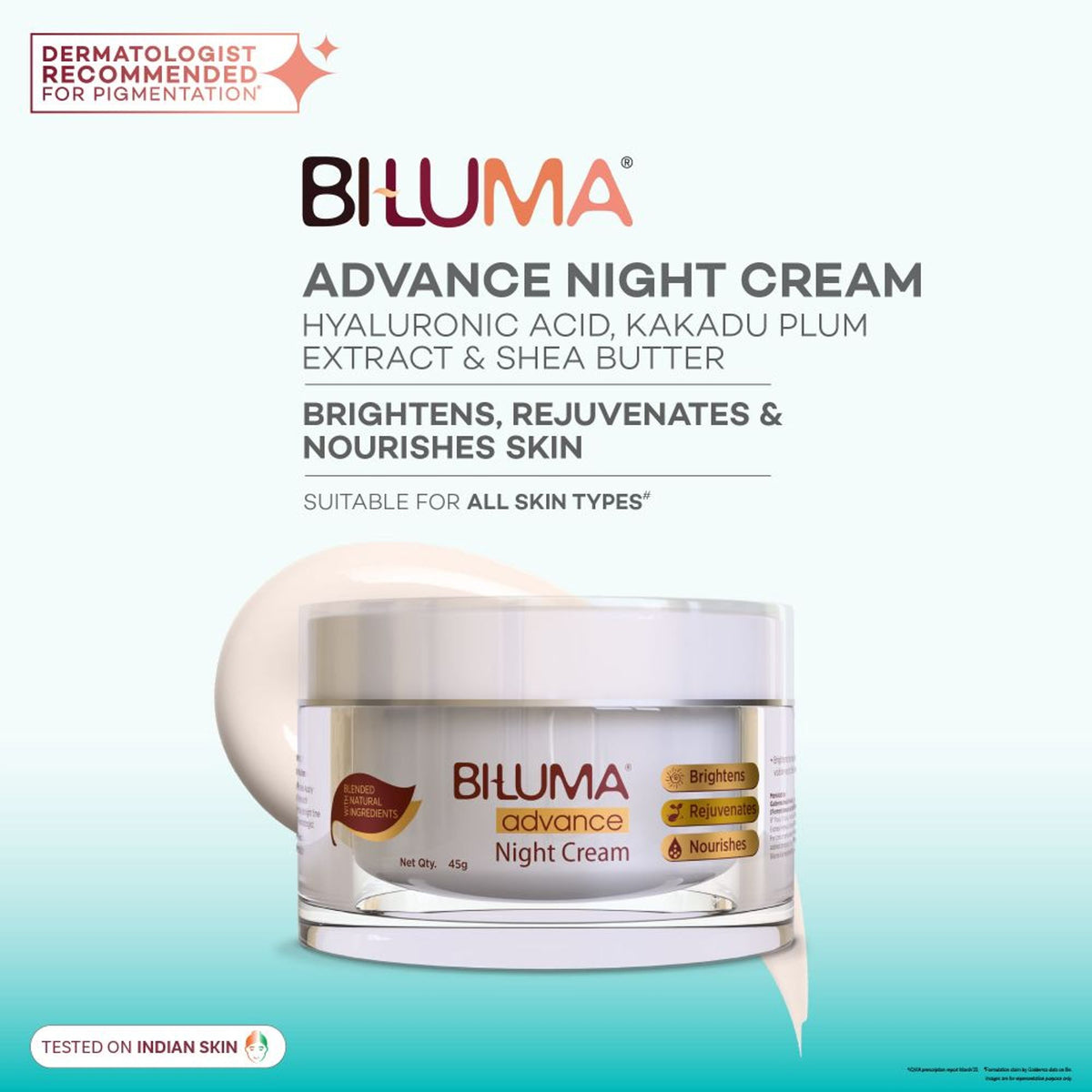 Biluma Night Cream with Vitamin C, anti-aging formula, showing a light weight cream jar with smooth texture and fresh packaging.
