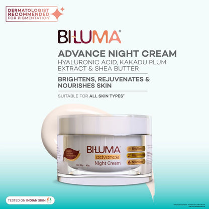 Biluma Night Cream with Vitamin C, anti-aging formula, showing a light weight cream jar with smooth texture and fresh packaging.
