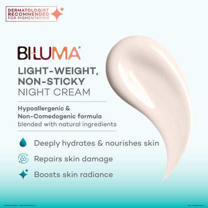 Biluma Night Cream with Vitamin C showing the lightweight jar and cream texture for anti-aging and wrinkle reduction.