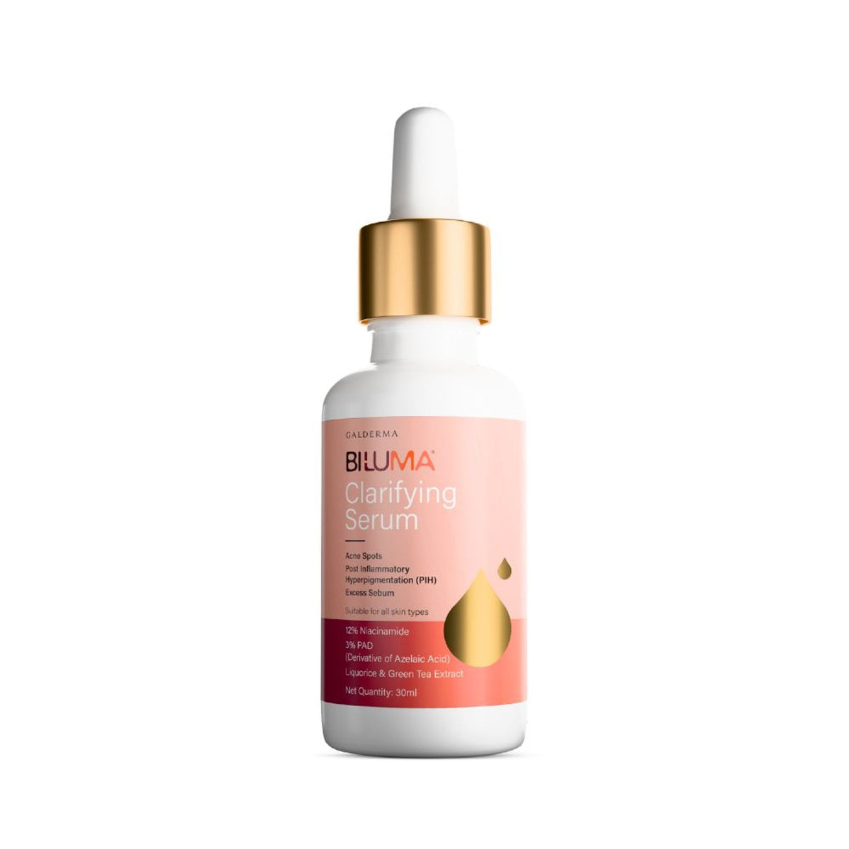Biluma Clarifying Serum with Niacinamide for oily skin, showing the serum bottle and application in a skincare setting