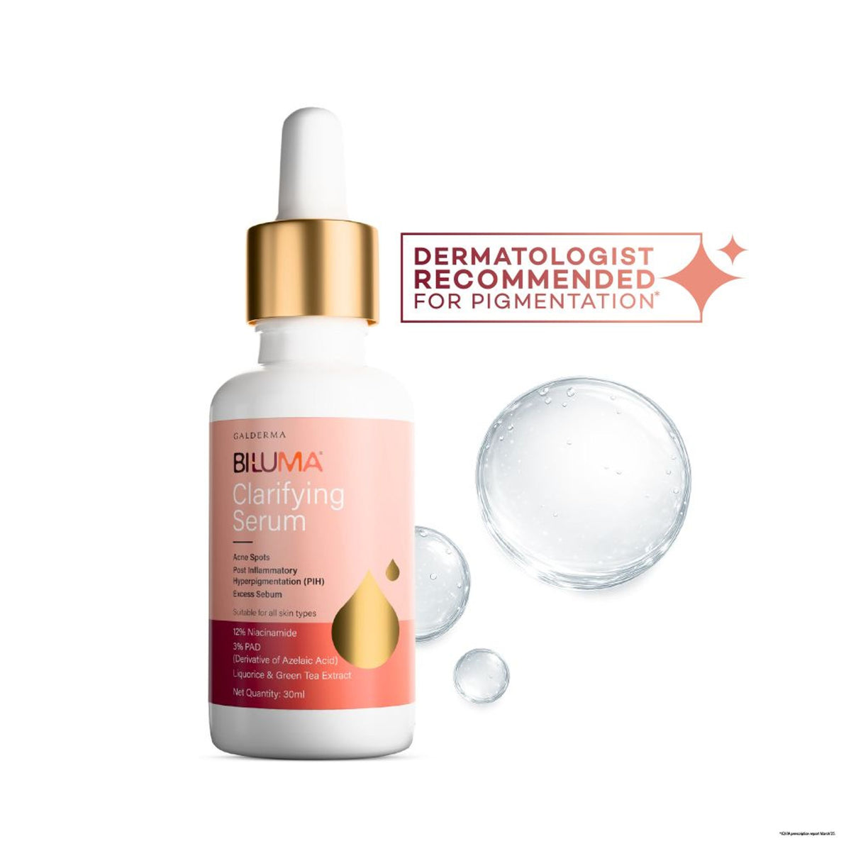 Biluma Clarifying Serum with Niacinamide for oily skin, showing the serum bottle and application area on skin.