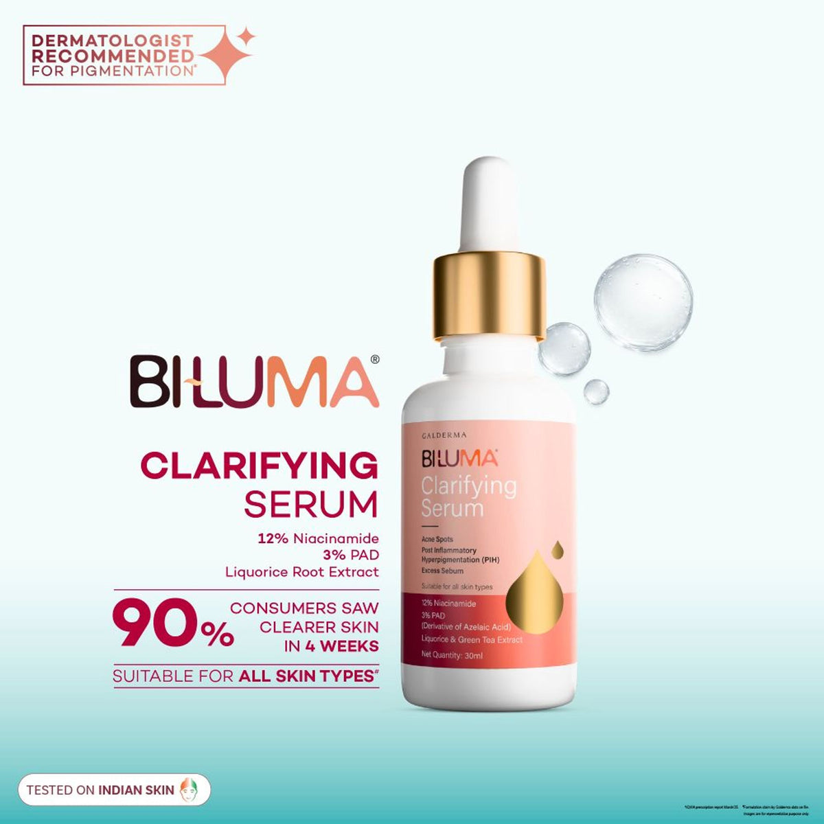 Biluma Clarifying Serum with Niacinamide for oily skin, featuring a dropper bottle and a smooth serum texture.