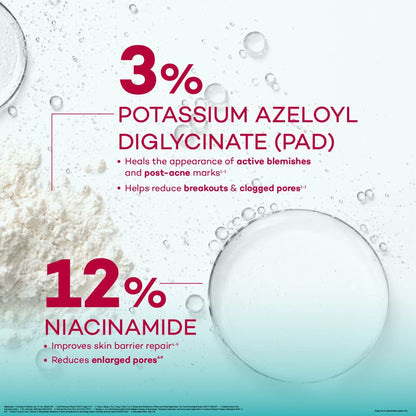 Biluma Clarifying Serum with Niacinamide for oily skin, showing the serum bottle with applicator and fresh skin background.
