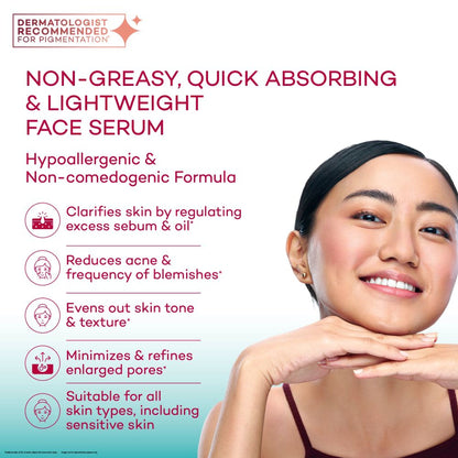 Biluma Clarifying Serum with Niacinamide for oily skin, showing a sleek bottle and dropper applicator.