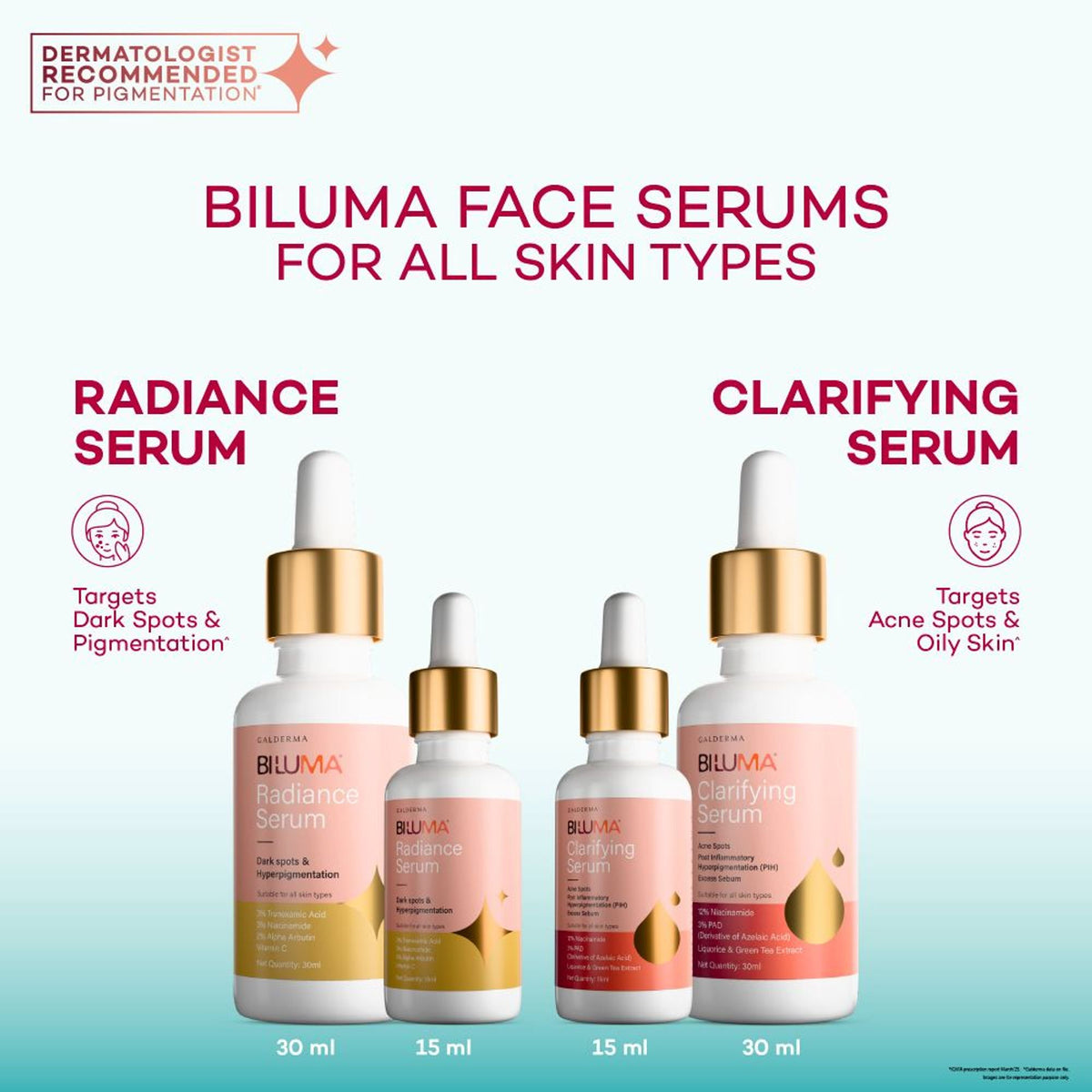 Biluma Clarifying Serum with Niacinamide for oily skin, showing the serum bottle and application on skin to fade acne spots.