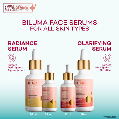 Biluma Clarifying Serum with Niacinamide for oily skin, showing the serum bottle and application on skin to fade acne spots.