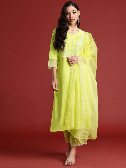 Indyancart IE Ethnic Motifs Embroidered Aari Work Liva Kurta With Trousers & Dupatta