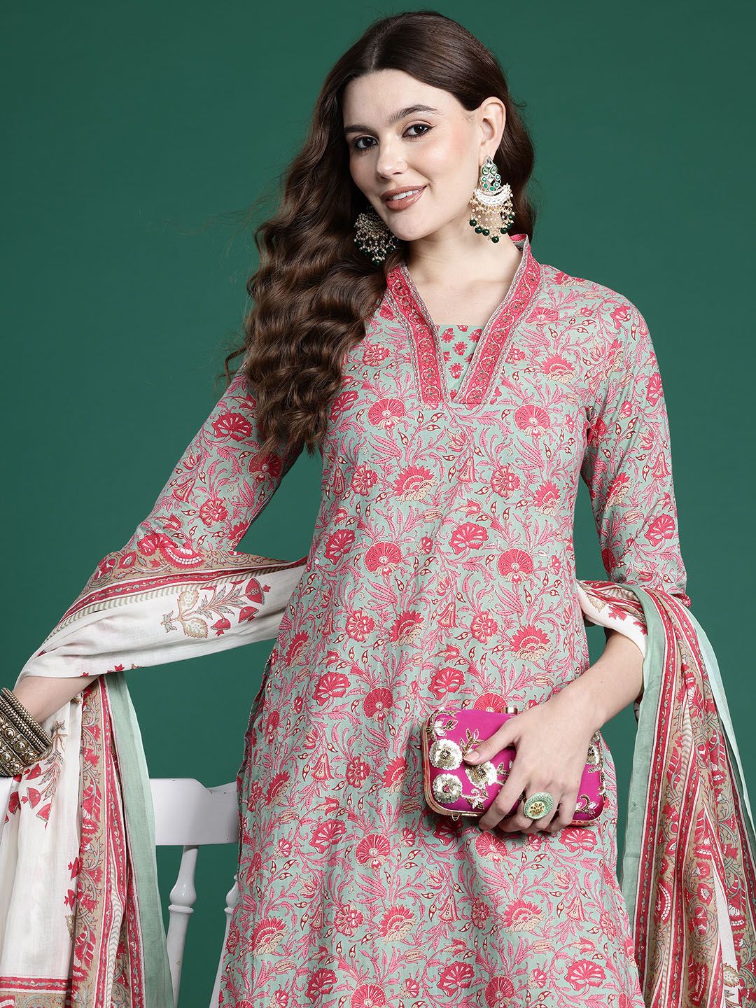 Indyancart IE Floral Printed Pure Cotton Kurta with Salwar & With Dupatta