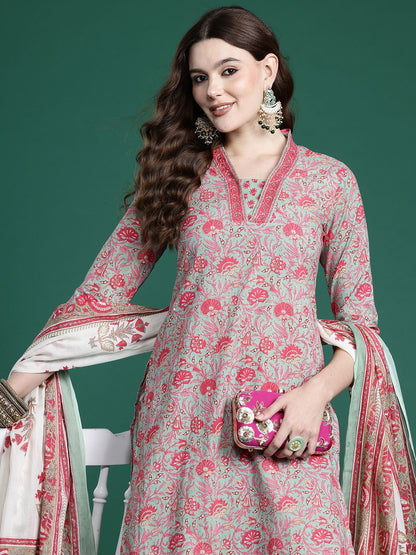 Indyancart IE Floral Printed Pure Cotton Kurta with Salwar & With Dupatta