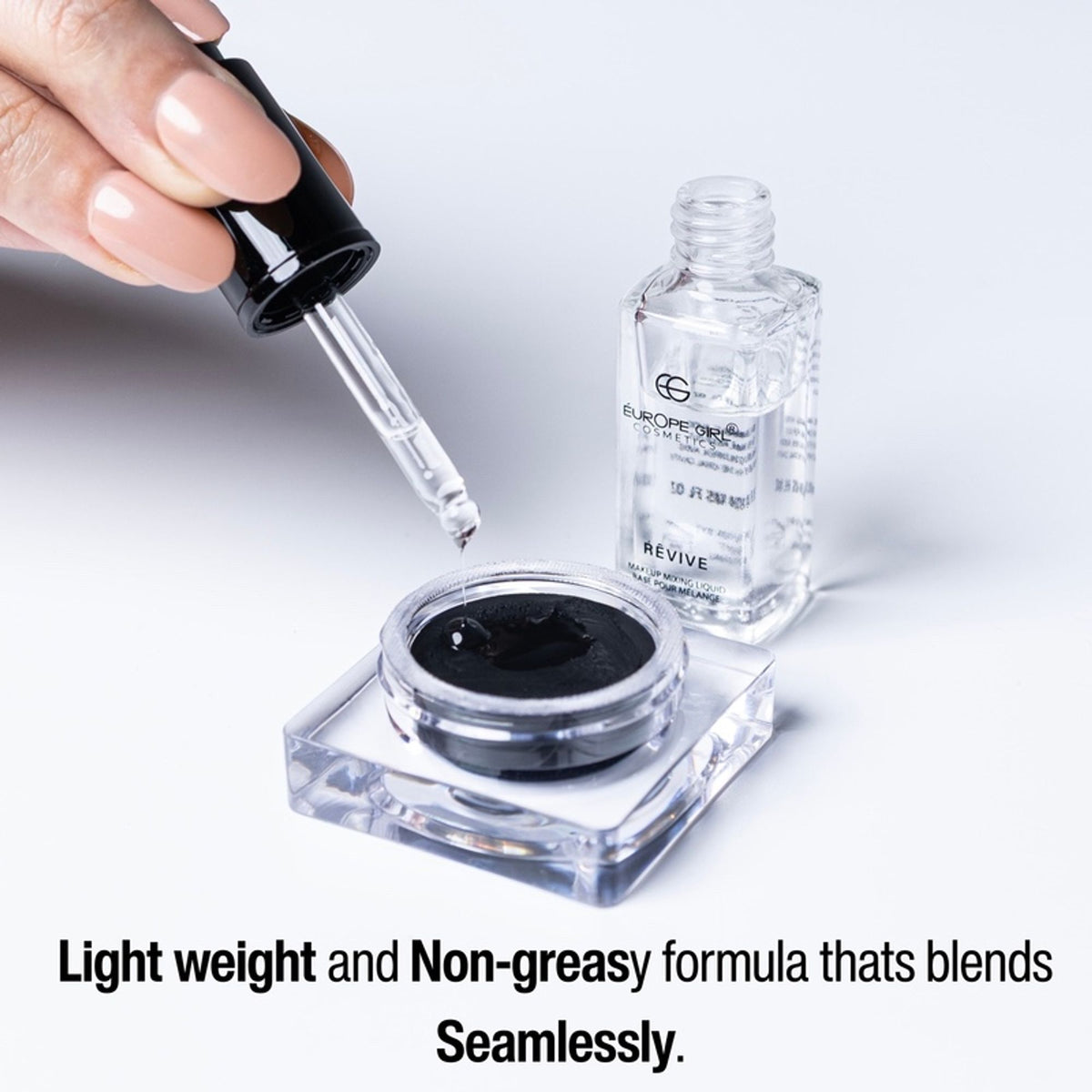Europe Girl Revive Makeup Mixing Liquid bottle, cosmetic product for skincare and makeup blending, with a sleek design and clear labeling.