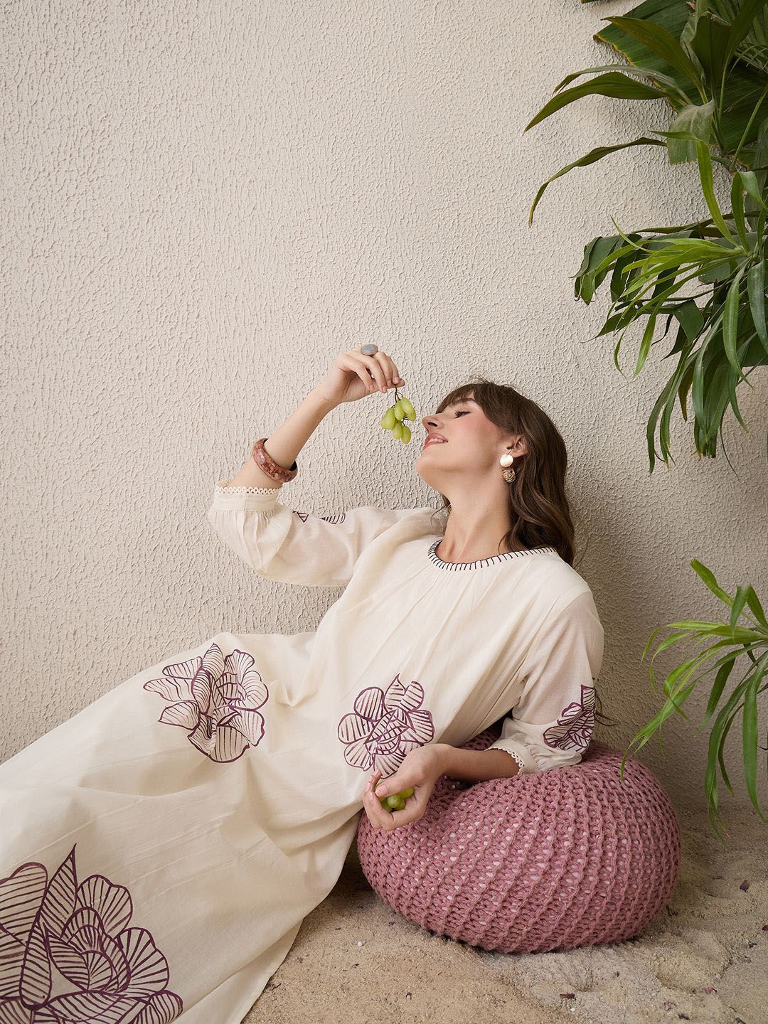 Floral Printed Pleated Round Neck Pure Cotton A-Line Kurta With Trousers