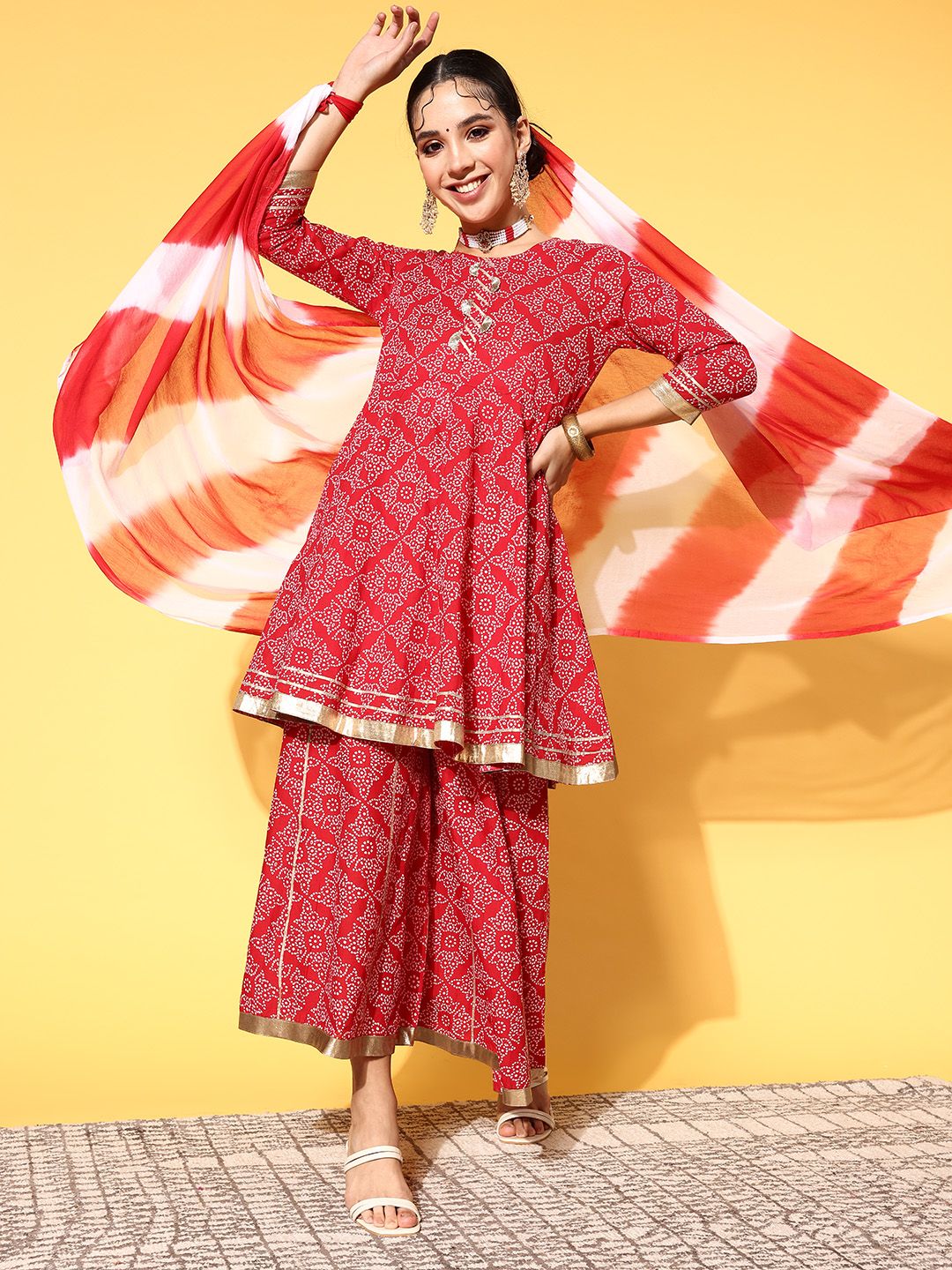 Indyancart VA Women's Bandhani Pure Cotton Print Parade Kurta Set