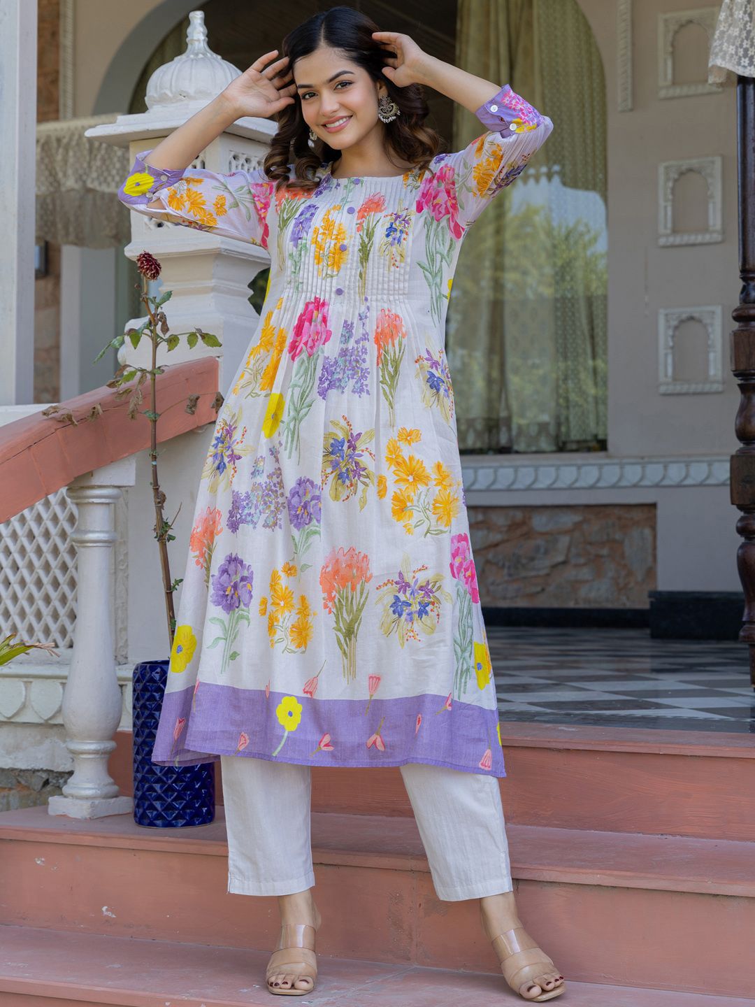Floral Printed A-Line Pure Cotton Kurta With Trousers