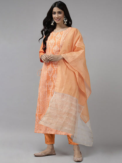 Indyancart IE Women Floral Printed Chanderi Silk Kurta with Trousers & With Dupatta