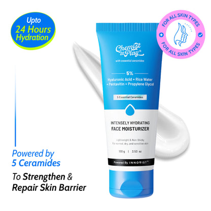 Chemist at Play Intensely Hydrating Face Moisturizer for dry skin, showing the creamy texture and packaging of the product.