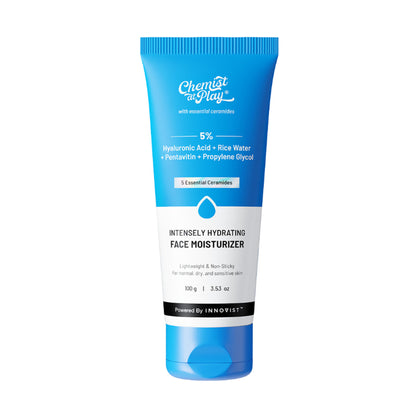 Chemist at Play intensely hydrating face moisturizer for dry skin, showing the cream in a jar with fresh ingredients.