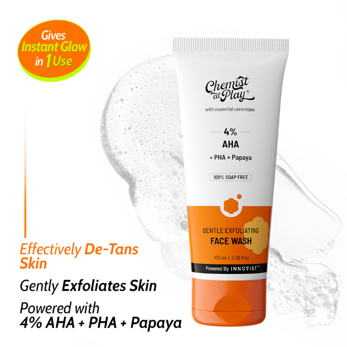 Chemist at Play Gentle Exfoliating Face Wash with natural ingredients, showing a clear, brightening formula in a white tube.