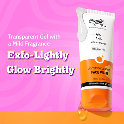 Chemist at Play Gentle Exfoliating Face Wash with brightening properties, showing a tube of the skincare product.