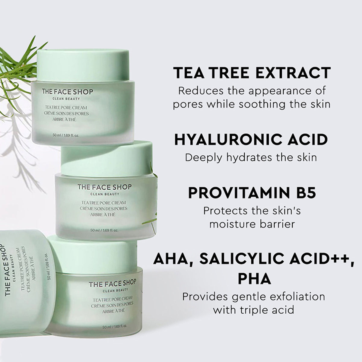 The Face Shop Tea Tree Pore Cream - Korean Moisturizer with AHA, Salicylic Acid (BHA) & PHA for Acne