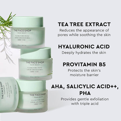 The Face Shop Tea Tree Pore Cream - Korean Moisturizer with AHA, Salicylic Acid (BHA) & PHA for Acne