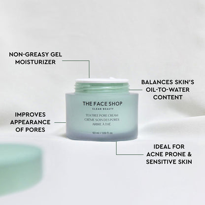 The Face Shop Tea Tree Pore Cream - Korean Moisturizer with AHA, Salicylic Acid (BHA) & PHA for Acne