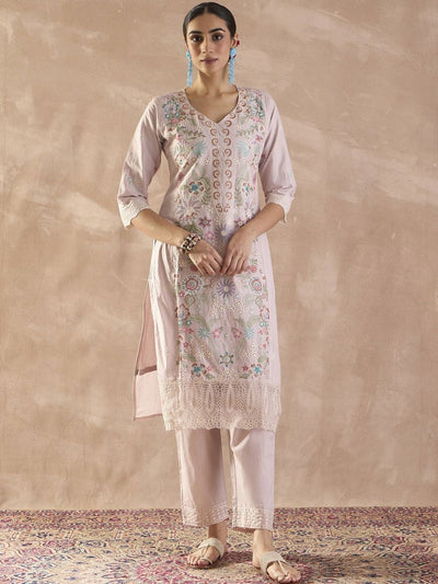 Indyancart IE Floral Embroidered Regular Thread Work Pure Cotton Kurta With Trousers & Dupatta