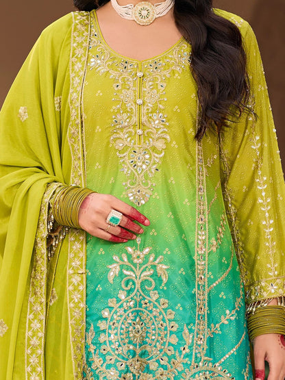 Floral Embroidered Zari Straight Kurti With Palazzos And Dupatta